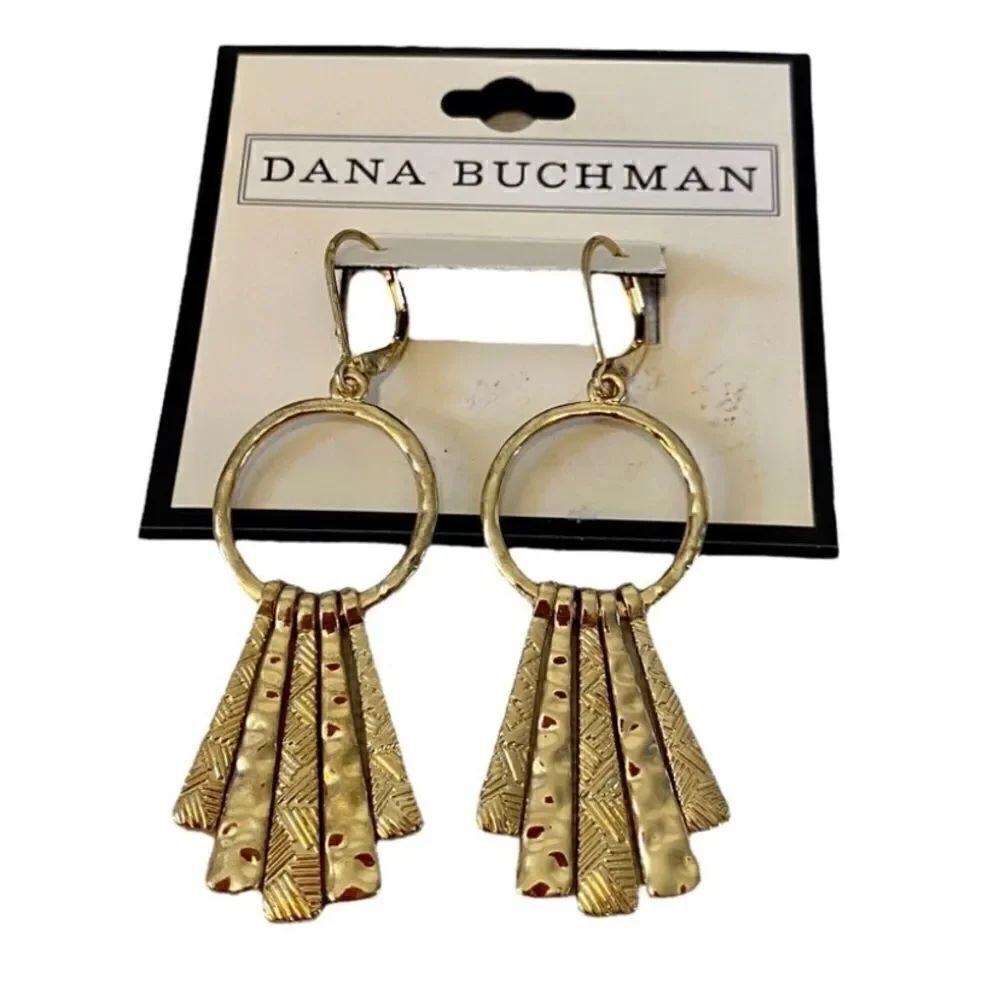Dana Buchman Hammered Gold Toned Drop Hoop Fringe Earrings